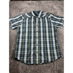 PrAna Shirt Mens Large Slim Fit Murdock Casual Short Sleeve Button Up Blue Plaid